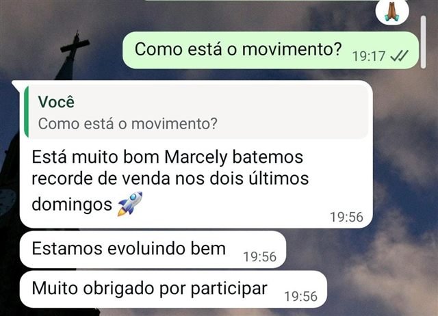 Print de conversa de WhatsApp: parceira contando que bateu recorde de venda nos dois últimos domingos