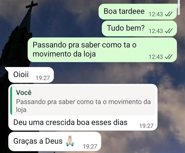 Print de conversa de WhatsApp: parceira contando que o movimento da loja deu uma crescida boa