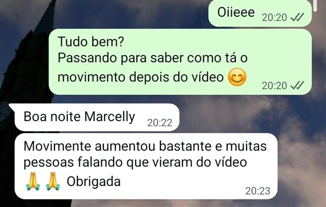 Print de conversa de WhatsApp: parceira contando que o movimento aumentou bastante depois do vídeo